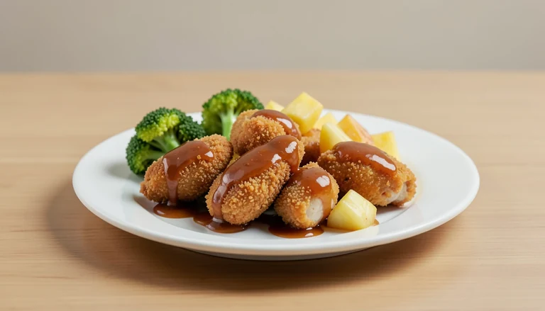 AI illustration of breaded cooked chicken pieces with broccoli and pineapple in sauce