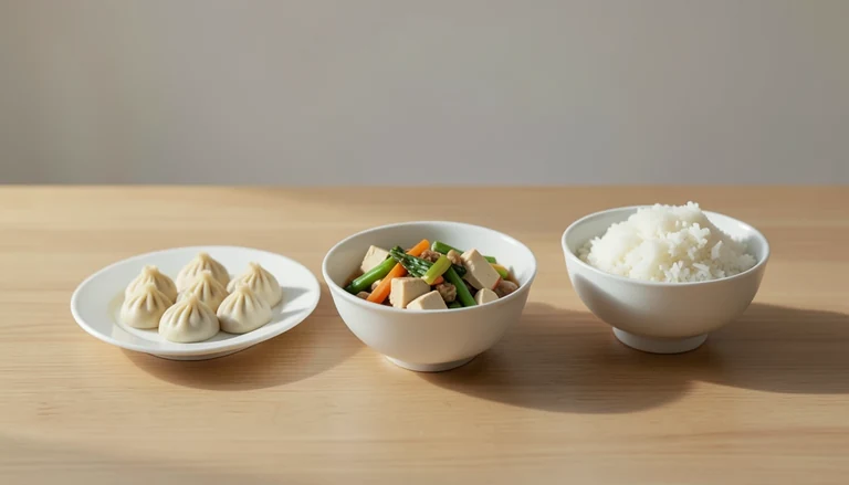 AI illustration of Illustration of closed pleated dumplings beside tofu and vegetables and rice.