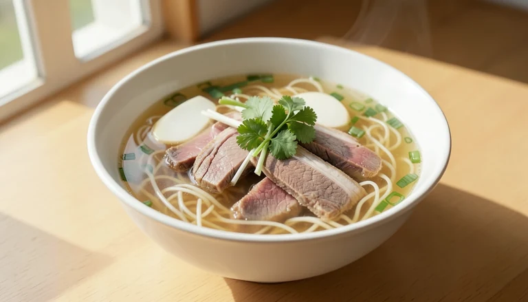 AI illustration of a bowl of clear-broth beef noodle soup with thin noodles, sliced beef, white radish, cilantro and scallion