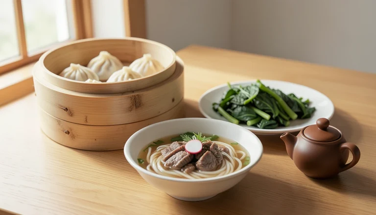 AI illustration of An imagined shared table with dumplings, a beef noodle bowl, vegetables and tea; a generated illustration rather than a restaurant photograph.