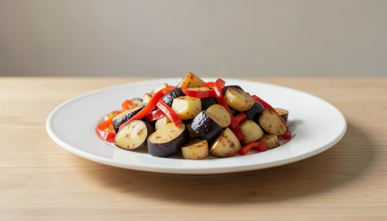 AI illustration of Generated food illustration of cooked pepper, potato and eggplant.