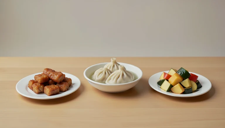 AI illustration of Generated food illustration of crispy pork, closed soup dumplings and cooked vegetables.