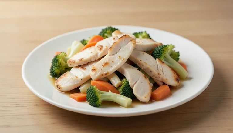 AI illustration of cooked chicken slices with mixed vegetables