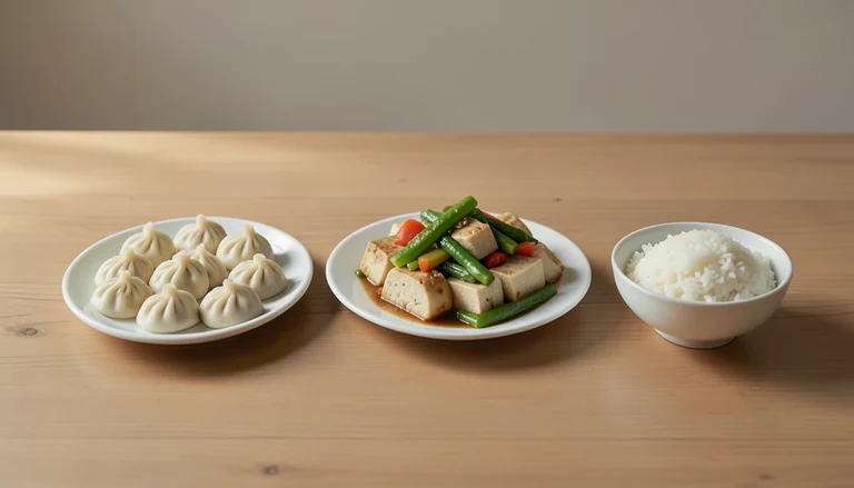 AI illustration of Illustration of a shared meal with closed dumplings, tofu and vegetables, and rice.
