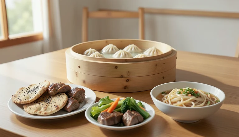 AI illustration of Illustrated shared table with soup dumplings, lamb, sesame bread, vegetables and noodle bowls; an imagined food scene.
