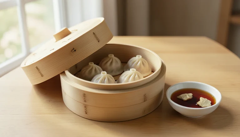 AI illustration of pleated soup dumplings in a bamboo steamer beside dark dipping sauce