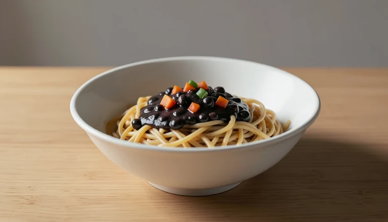 AI illustration of wheat noodles topped with glossy dark sauce and vegetables