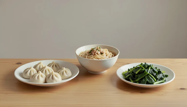 AI illustration of Illustration of a shared table with closed dumplings, noodles and cooked greens.