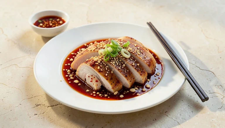 AI illustration of sliced chicken in chili oil with peanut and scallion
