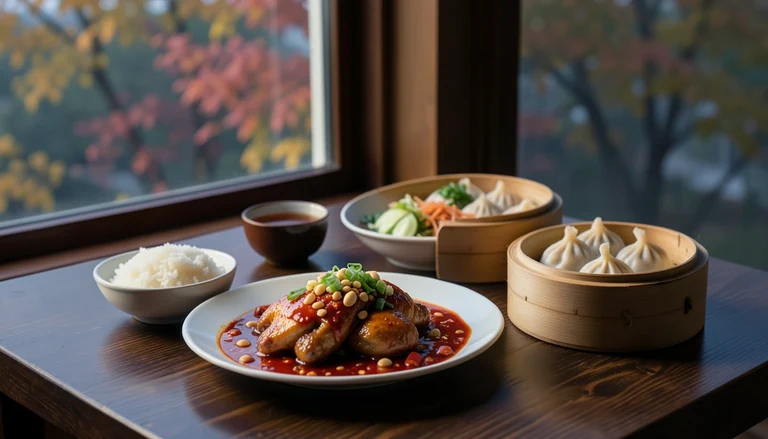 AI illustration of An imagined shared Chinese table by a window: chili-oil chicken, a bamboo steamer of soup dumplings, a scallion pancake and tea, with autumn trees outside.