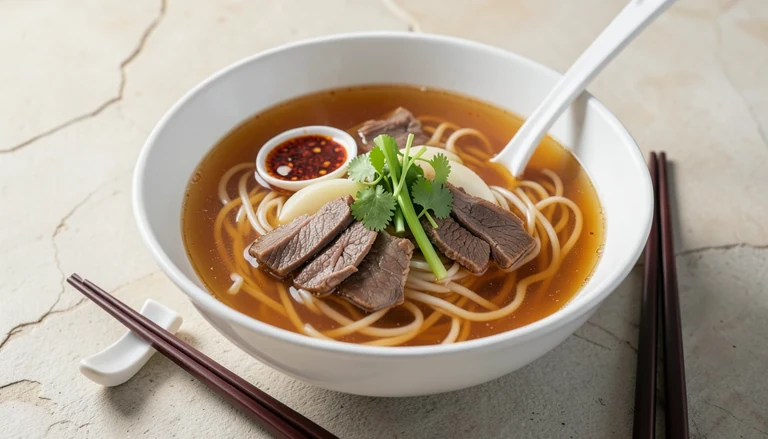 AI illustration of hand-pulled beef noodle soup with clear broth, radish, chili oil and cilantro