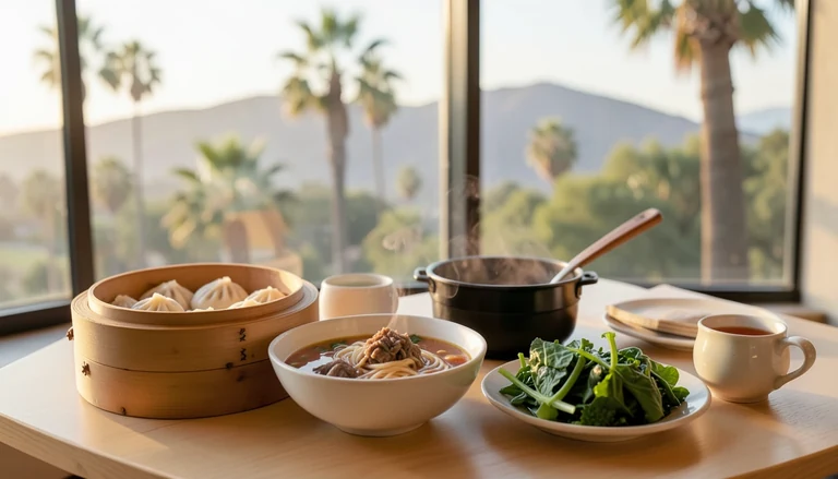 AI illustration of An imagined shared Chinese table: a bamboo steamer of dumplings, a bowl of hand-pulled beef noodle soup, a small hot pot, and a plate of greens in warm evening light, with no restaurant signage.