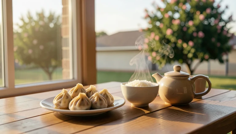 AI illustration of An imagined shared Chinese table: a plate of dumplings, a bowl of rice and a pot of tea in warm evening light, with no restaurant signage.