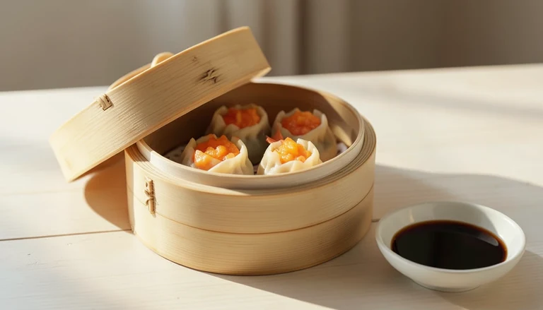 AI illustration of open-topped shrimp shumai in a bamboo steamer