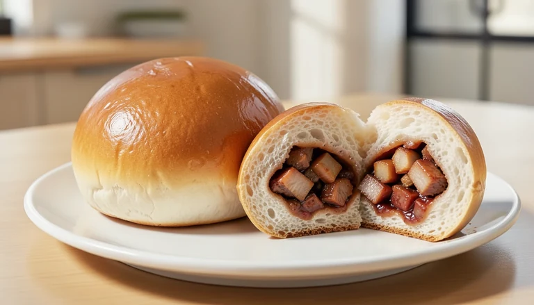 AI illustration of a glossy round baked bun cut open to show reddish-brown diced meat filling