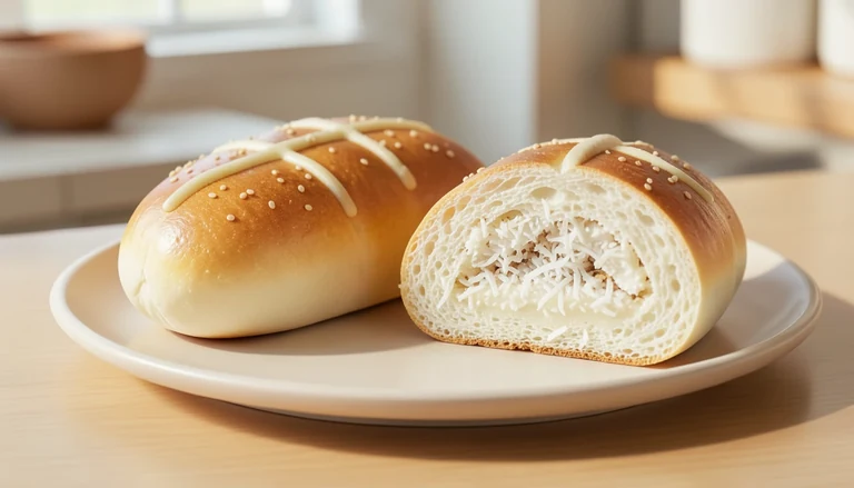 AI illustration of an oval striped baked bun and a cut section showing pale shredded filling