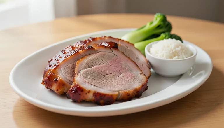 AI illustration of sliced glazed roast pork with rice and greens