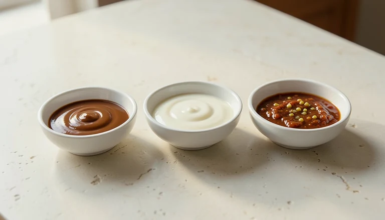 AI illustration of three bowls containing brown, pale and reddish sauces
