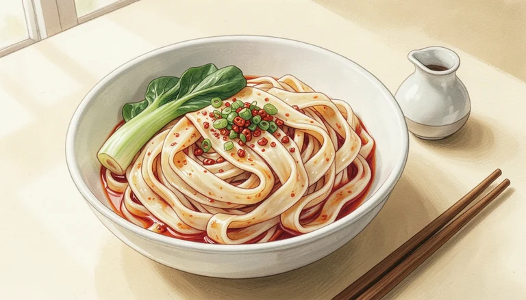 AI illustration of broad ribbon-shaped noodles with chili oil, scallions and leafy greens