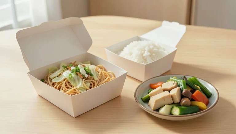 AI illustration of takeout noodles, rice and vegetables in plain containers