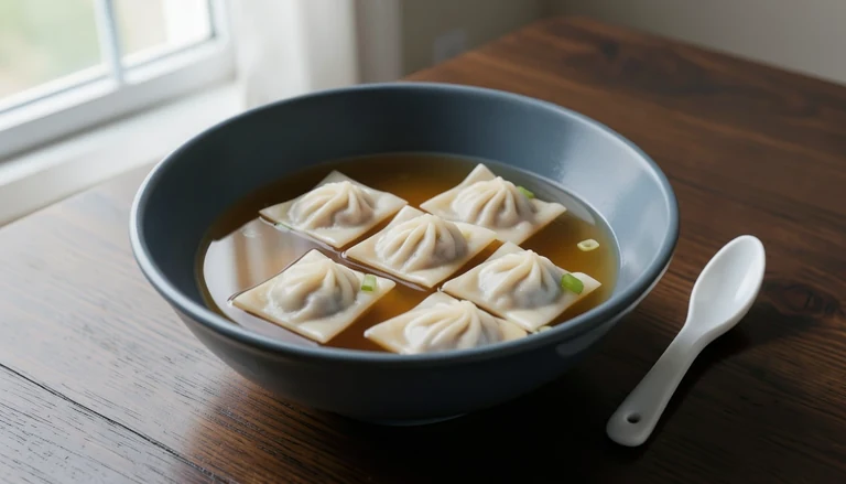 AI illustration of wonton soup in clear broth with scallions