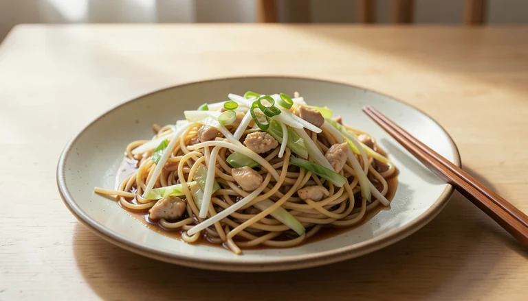 AI illustration of stir-fried chow mein noodles with vegetables and chicken