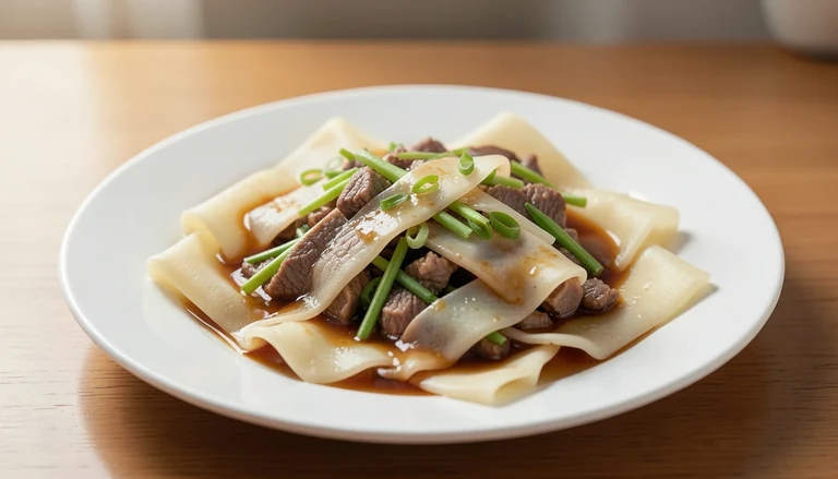 AI illustration of beef chow fun with broad flat rice-noodle ribbons