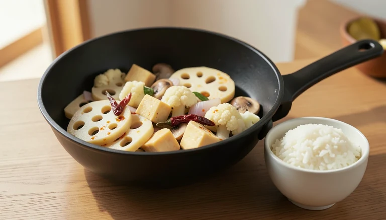 AI illustration of a shallow dry pot with lotus root, tofu and vegetables