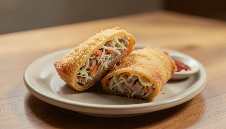 AI illustration of crisp egg rolls, one cut to show a cabbage filling