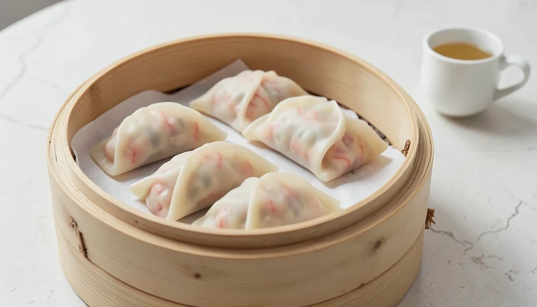 AI illustration of closed translucent har gow shrimp dumplings in a steamer