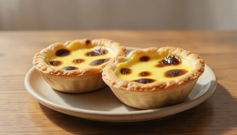 AI illustration of flaky egg tarts with browned custard tops