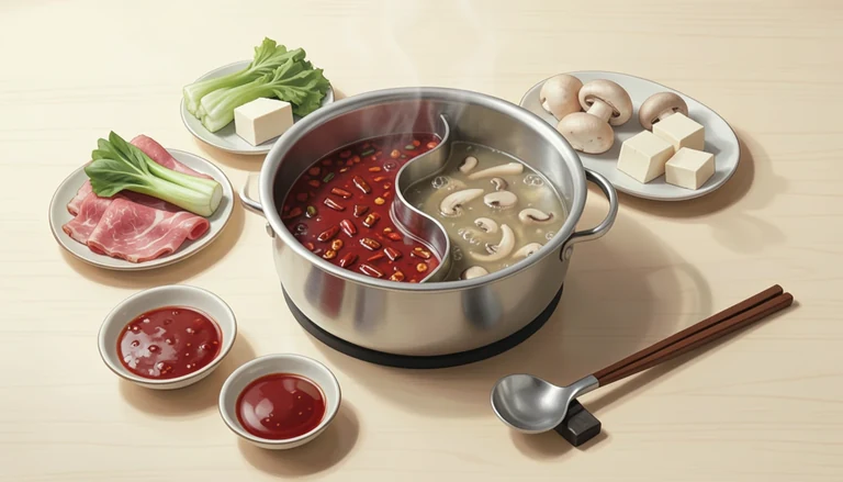 AI illustration of a divided hot pot with red and pale broth beside sliced meat, greens, mushrooms, tofu and dipping sauces