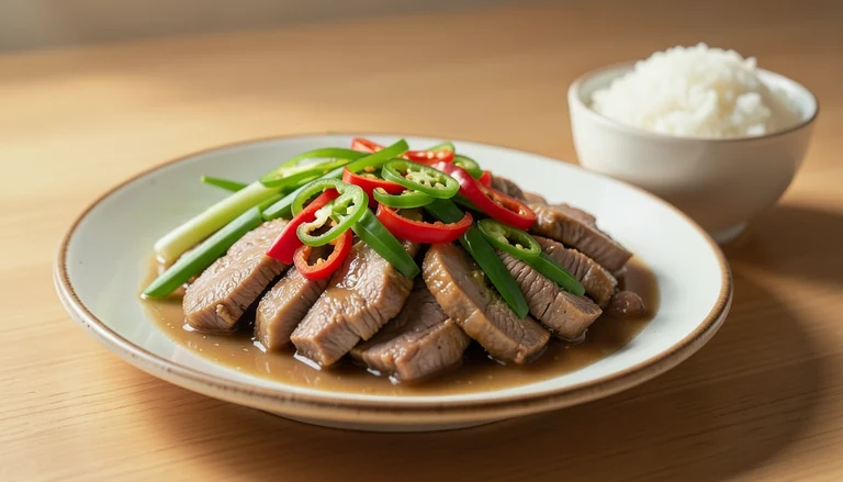 AI illustration of a fresh-chili meat stir-fry with red and green peppers