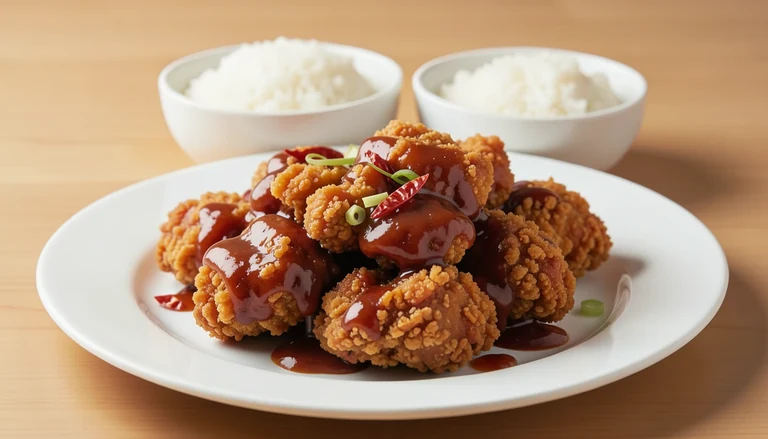 AI illustration of General Tso-style fried chicken in a glossy sauce with dried chilies