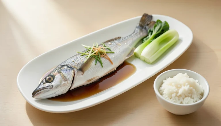 AI illustration of steamed fish with ginger, scallions and greens