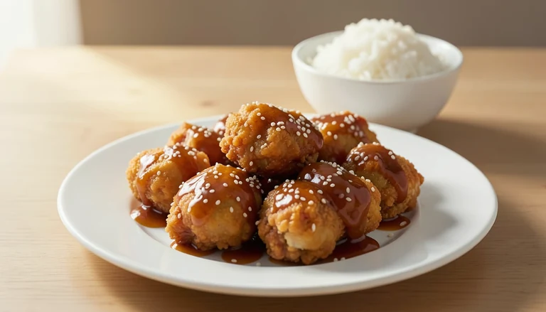AI illustration of sesame chicken with a glossy sauce and sesame seeds