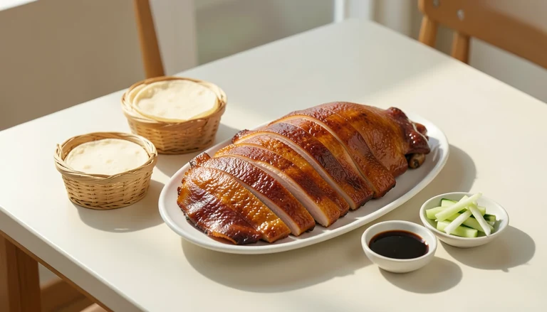 AI illustration of roast duck with pancakes, cucumber and scallions