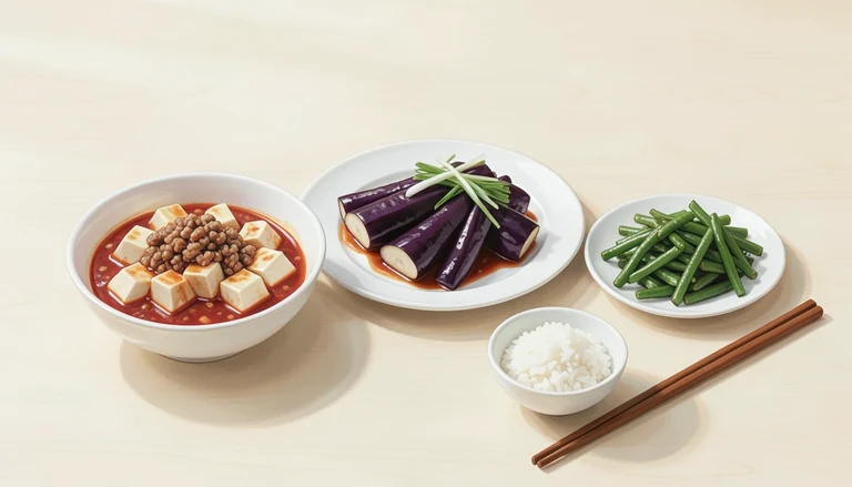 AI illustration of a shared Sichuan-inspired table with tofu in red sauce, eggplant, green beans and rice