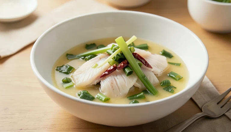 AI illustration of fish slices with greens in pale broth