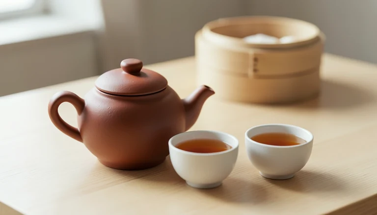AI illustration of a clay teapot and small cups of amber tea