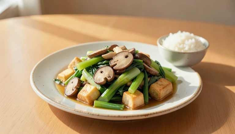 AI illustration of tofu, shiitake mushrooms and bok choy