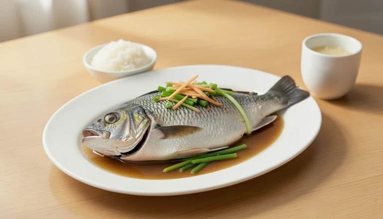 AI illustration of Cantonese steamed fish with ginger and scallions
