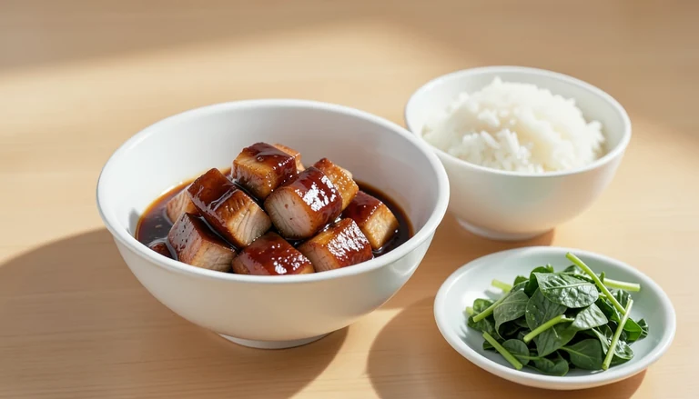 AI illustration of glossy red-braised pork belly with rice