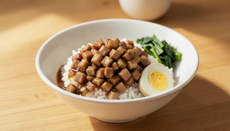 AI illustration of diced braised meat on rice with egg and greens
