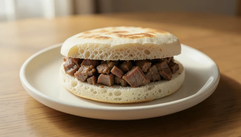 AI illustration of a round flatbread filled with chopped braised meat
