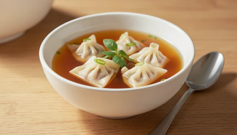 AI illustration of folded wontons in clear broth with scallions