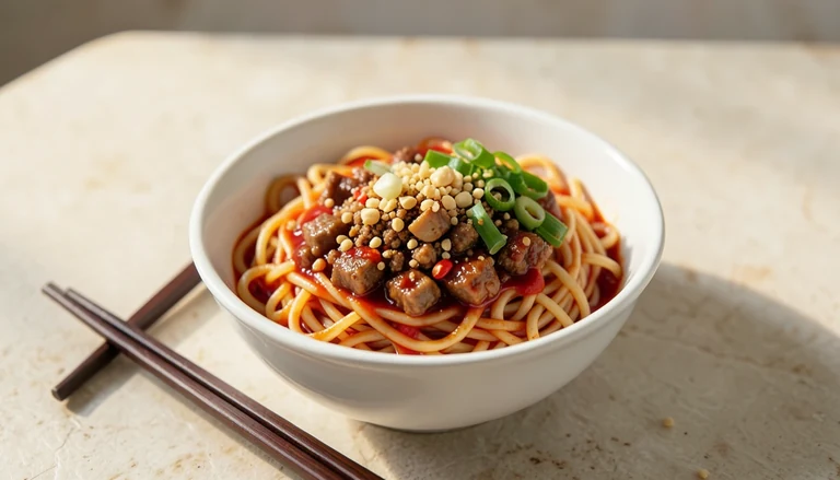 AI illustration of dan dan noodles with chili oil and peanuts
