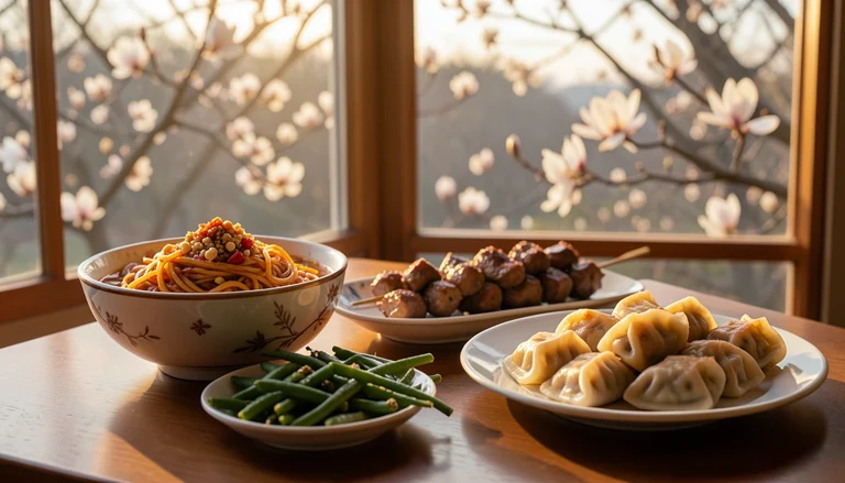 AI illustration of A table set with steamed soup dumplings, a bowl of hand-pulled noodles and small plates of cold dishes, lit by warm window light in a busy strip-mall restaurant.