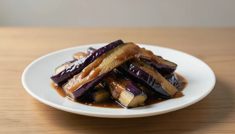 AI illustration of cooked eggplant strips with glossy sauce