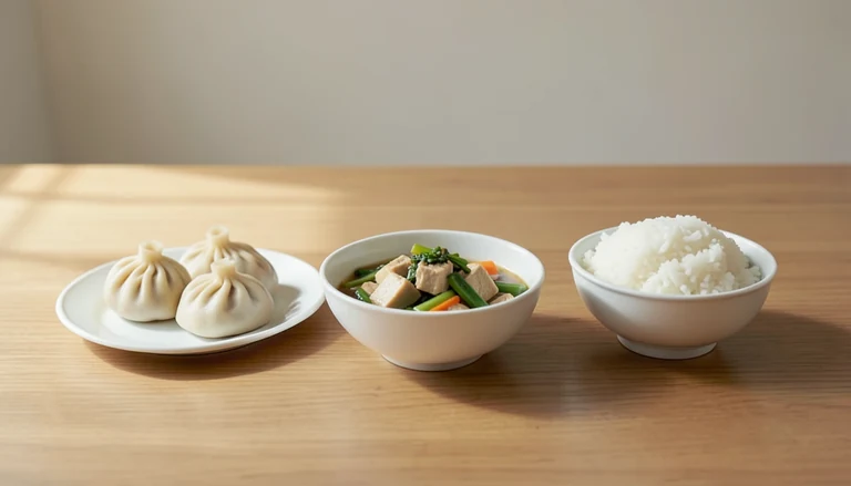AI illustration of Illustration of a shared meal with closed dumplings, tofu and vegetables, and rice.
